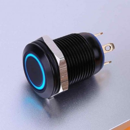 Switch boton metal lock  negro / led azul   12 mm  / 12v